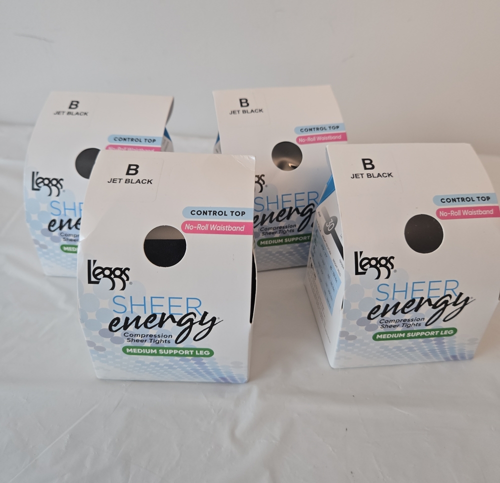 L'eggs Sheer Energy 4 Pair Lot Size B Jet Black Control Top 30 Denier